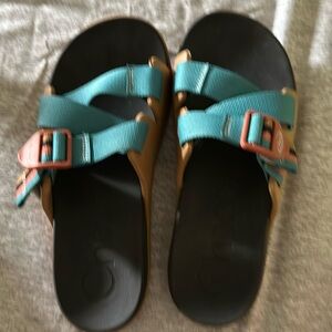 Chaco Chillis Slide sandal, size 8.  Camel with turquoise straps
